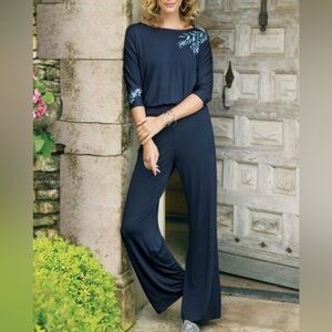 Soft Surrounding Navy Blue Garbo Jumpsuit Embroidered Jersey Knit Size MP